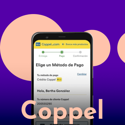 Mobile e-commerce app screens from Coppel showing interfaces of product listings, shopping cart, purchase summary, and account sign-in arranged in an angled layout
