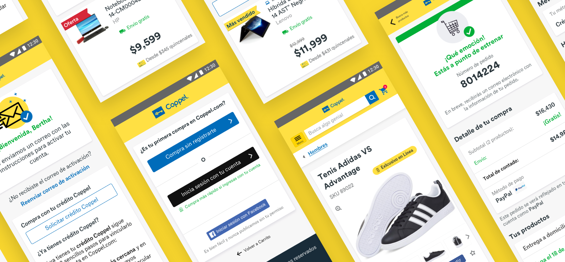 Mobile e-commerce app screens from Coppel showing interfaces of product listings, shopping cart, purchase summary, and account sign-in arranged in an angled layout