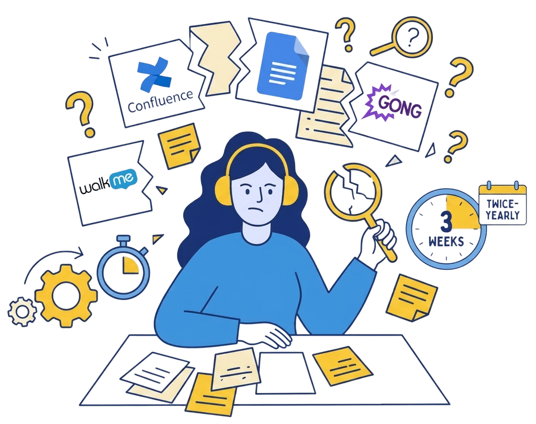 illustration of a female character sorrounded by papers that simulate different apps
