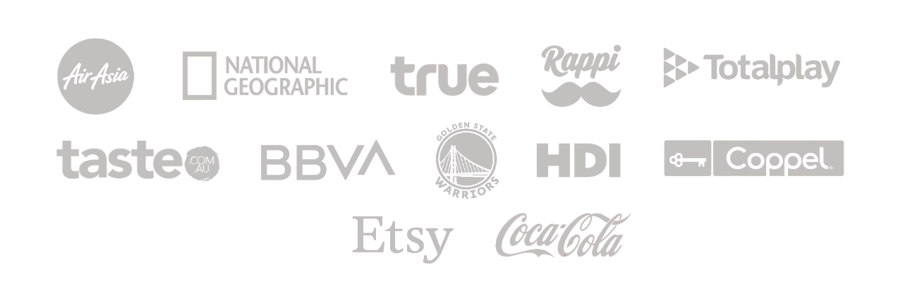 Logo display of Air Asia, NatGeo, True, Rappi, Totalplay, Taste, BBVA, Golden State Warriors, HDI, Coppel, Etsy and Coca Cola